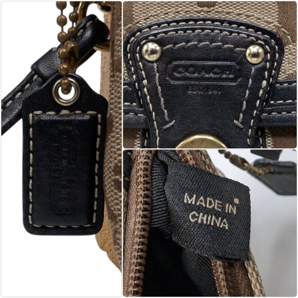 Coach Signature Wristlet Bag Tan Brown Logo Jacquard Black Leather Trim Clutch - Picture 4 of 12